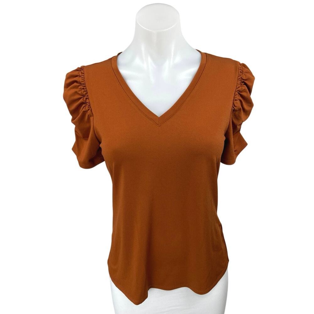 Philosophy Women's Brown Knit Short Puff Sleeve V-Neck Blouse Sweater Top Size S